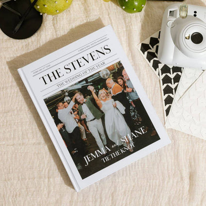 Front Cover of a viral newspaper style wedding guest book